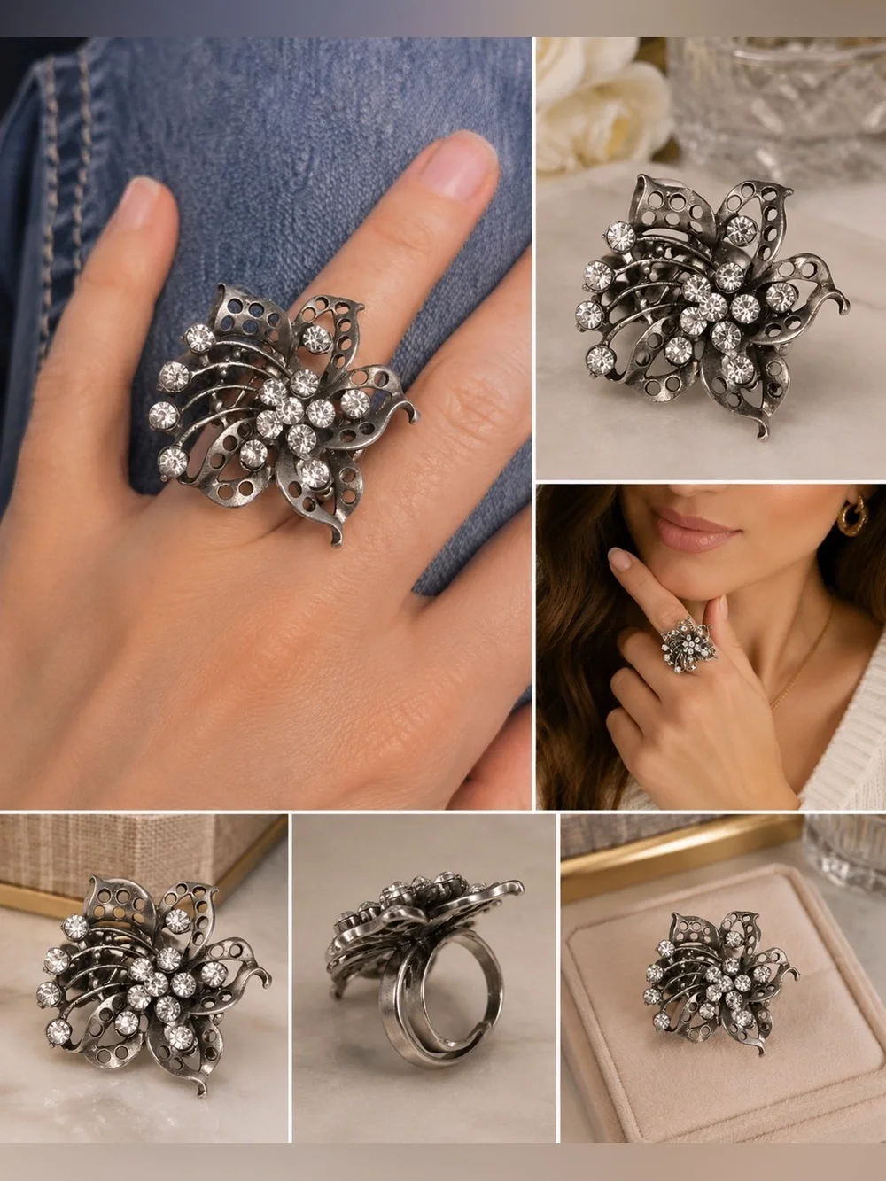 Vintage Silver Tone Floral Rhinestone Statement Ring Adjustable Bling